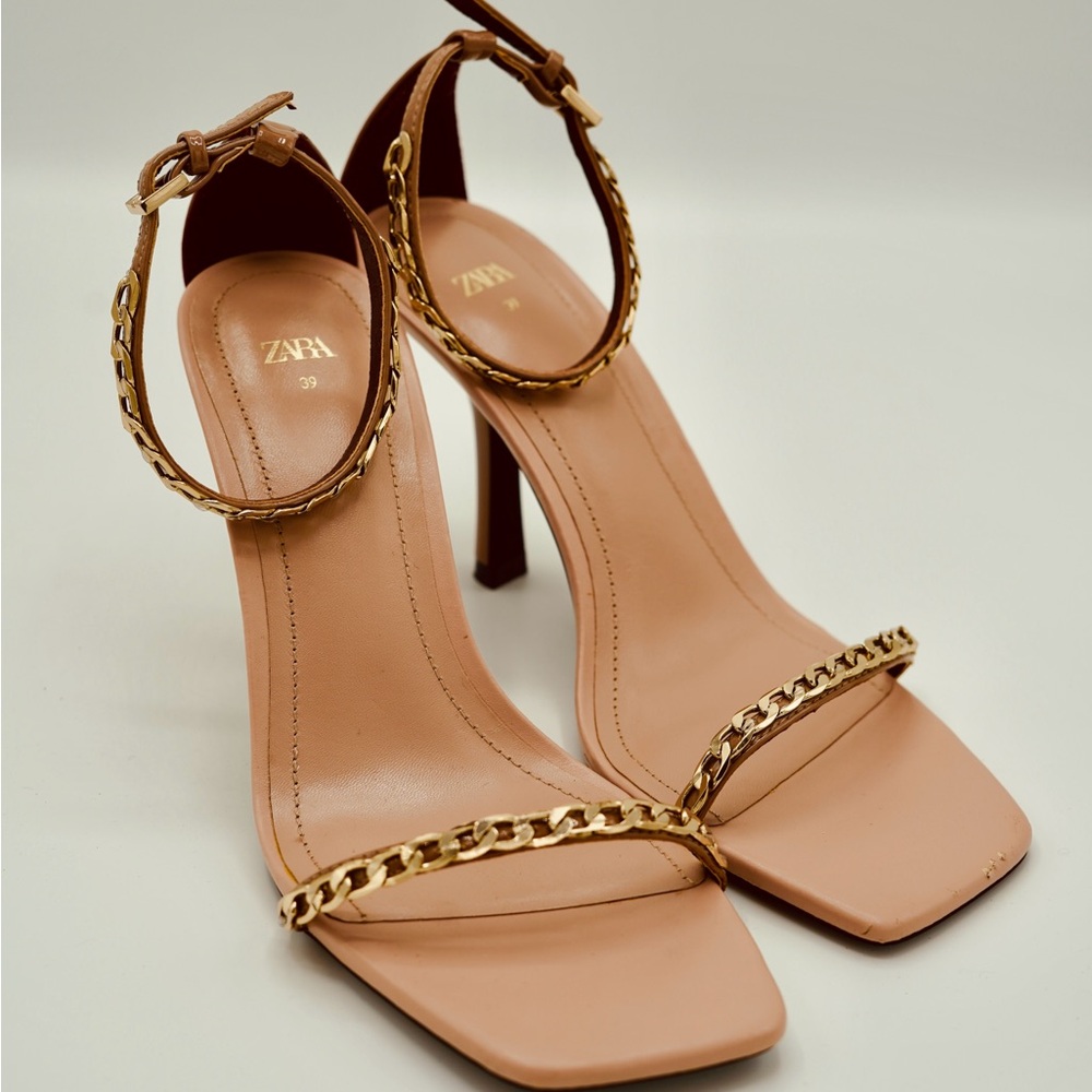 Zara Tan and dark plum Gold Heels with Elegant Chain Detail